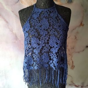 Ultra Pink‎ Crochet Open Back Fringe Tank